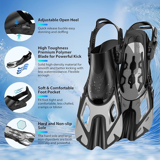 Snorkeling Gear for Adults, Mask Fin Snorkel Set, Dry Top Snorkel, Snorkeling Kit Travel Diving Package, Panoramic View Anti-Fog Anti-Leak Adjustable Swim Fins