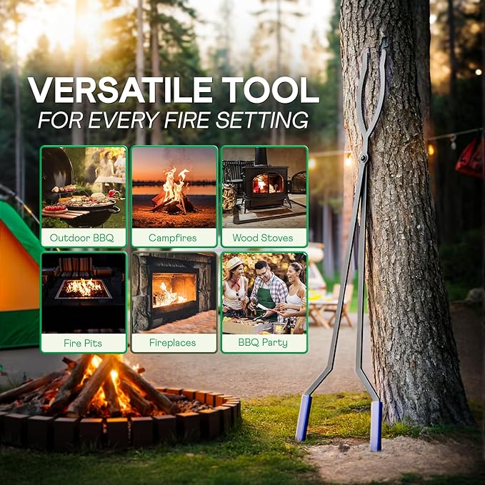 IDZO 40" Fireplace Tongs, Heavy Duty Steel Fire Tongs, Log Grabber, Firewood Tongs & Fire Pit Tools for Fire Pits, Campfires, Fire Rings, Backyard Deck, Suitable for Indoor & Outdoor Use