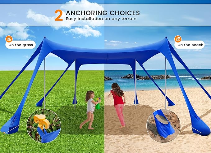 Beach Tent Sun Shelter, Portable Sun Canopy UPF50+ Outdoor Shade with 4 Stability Poles and 8 Sandbags, 10 x 10ft, Sand Shovel, Ground Pegs and Carry Bag for Beach, Camping, Fishing, Picnics