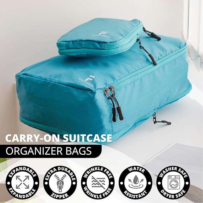 8 Piece Compression Packing Cubes Set - Double Capacity Design for Travel - Small, Medium & Large Sizes - Carry-On Suitcase Organizer Bags (Turquoise)