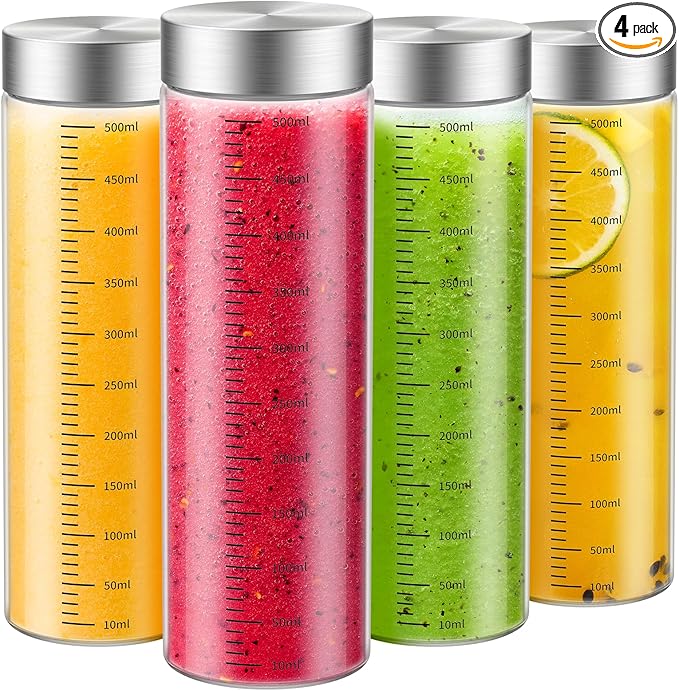 18 Oz Glass Bottles, 4 Pack Glass Juice Bottles with Lids, BPA Free, Borosilicate Glass, Leak Proof Lids for Juicing, Smoothies, Infused Water, Beverage Storage, Shaker Bottles