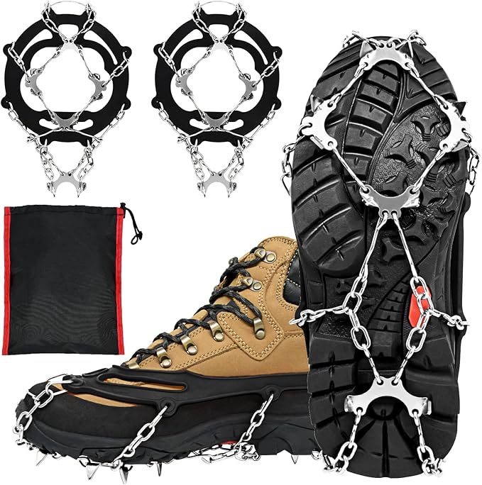 ZeeDix Crampons for Shoes, 10-Spike Stainless Steel Ice Cleats for Shoes and Boots, Slip-Resistant Shoe Spikes Traction Grips for Walking Hiking Jogging Fishing and Daily Outdoor Adventures