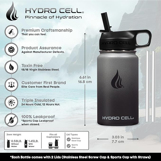 HYDRO CELL Stainless Steel Insulated Water Bottle with Straw - For Cold & Hot Drinks - Metal Vacuum Flask with Screw Cap and Modern Leakproof Sport Thermos for Adults (Graphite/Black 14oz)