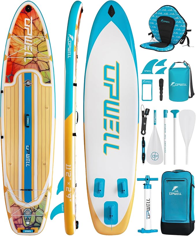 UPWELL 11’6”/11'2”/11'/10'8”/10'6”/10'2” Inflatable Stand Up Paddle Board with sup Accessories Including Backpack, Repairing Kits, Non-Slip Deck, Leash, 3 Fins, Paddle and Hand Pump