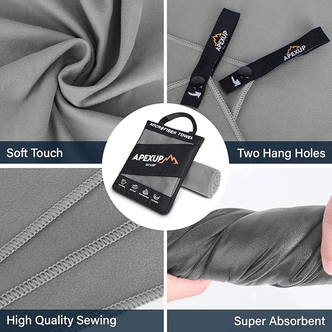 APEXUP Microfiber Travel Towel, Ultra Absorbent Quick Dry Towels, Lightweight Gym Sports Camping Towel for Workout, Yoga, Beach, Shower, Swimming (24"×12", Gray)