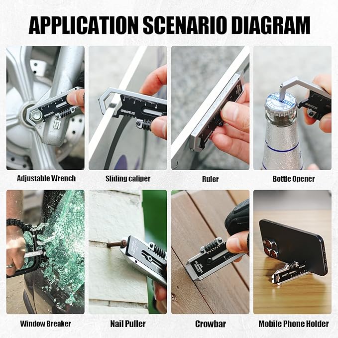 Small Multitool Wrench 9 in 1 Pocket Adjustable Wrench for Screw with Mini Pry Bar Nail Puller Keychain Tool Caliper Measuring Ruler Glass Breaker EDC Gadget Survival Gear for Men Cycling Hiking