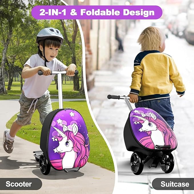 Baotree Scooter Suitcase for Kids, 2 in 1 Ride-on Luggage with Flash PU Wheels, Adjustable Handle & TPR Non-Slip Grip, Foldable & Lightweight, Ages 5-12