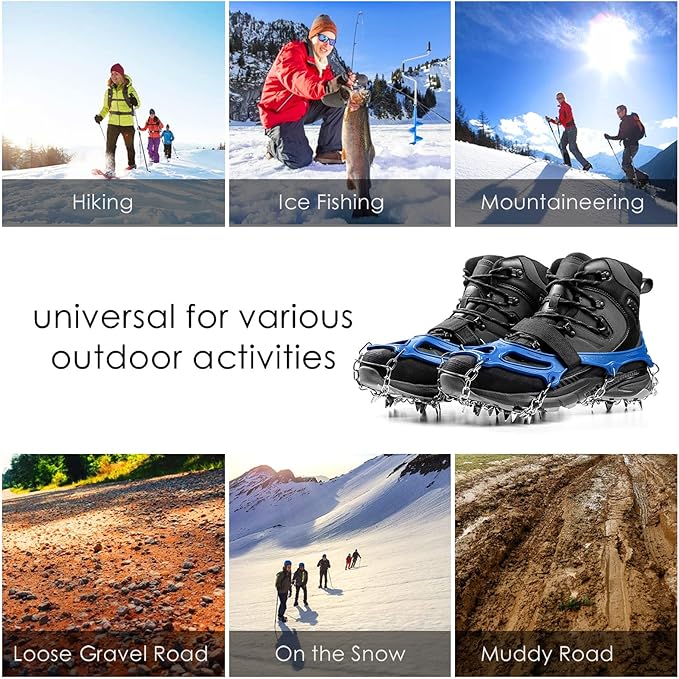Crampons Ice Cleats Traction Snow Grips for Boots Shoes Women Men Anti Slip 19 Stainless Steel Spikes Safe Protect for Hiking Fishing Walking Climbing Mountaineering