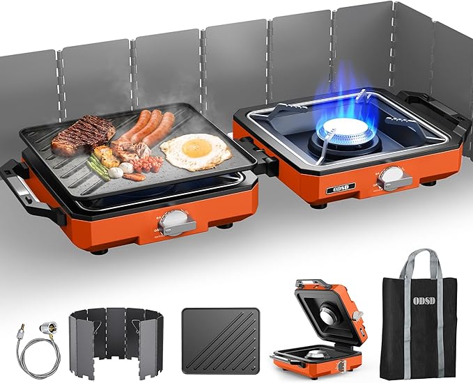 ODSD 2 Burner Camping Stove with Windshield, 20000 BTU Propane Camp Stove, Portable Folding Gas Stove, Camping Essentials Gears Includes Frying Pan, Coffee Stand & Carry Bag, Orange