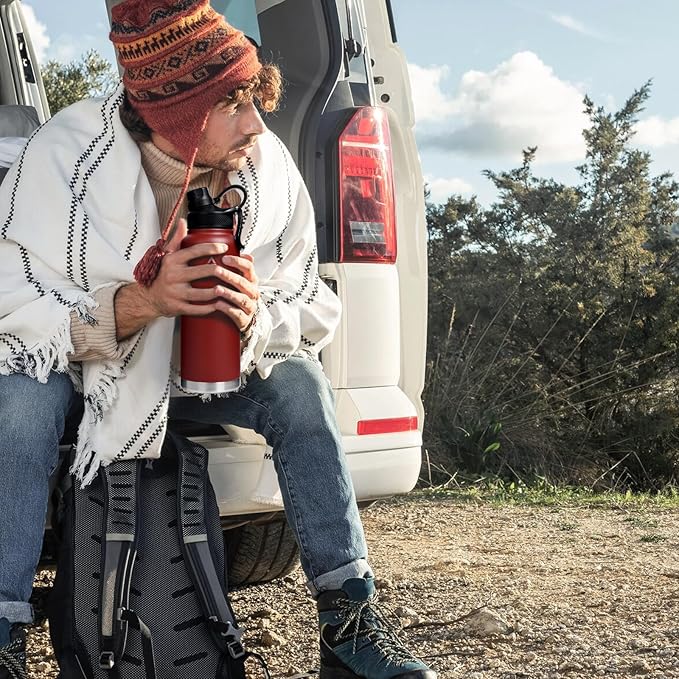 Insulated Sports Water Bottle with Straw Lid Dustproof, 3 Lids, 24/32/40/64 oz Dishwasher Safe & BPA Free Double Wall Stainless Steel Water bottle, Leakproof & Sweat Free -40 Oz Brick Red