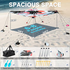 Rhino Valley Beach Tent Shade Canopy UPF50+ Protection, 8 Sandbags, 4 Stability Poles, Outdoor Sun Shelter Umbrella for Sand, Camping, Fishing Essentials