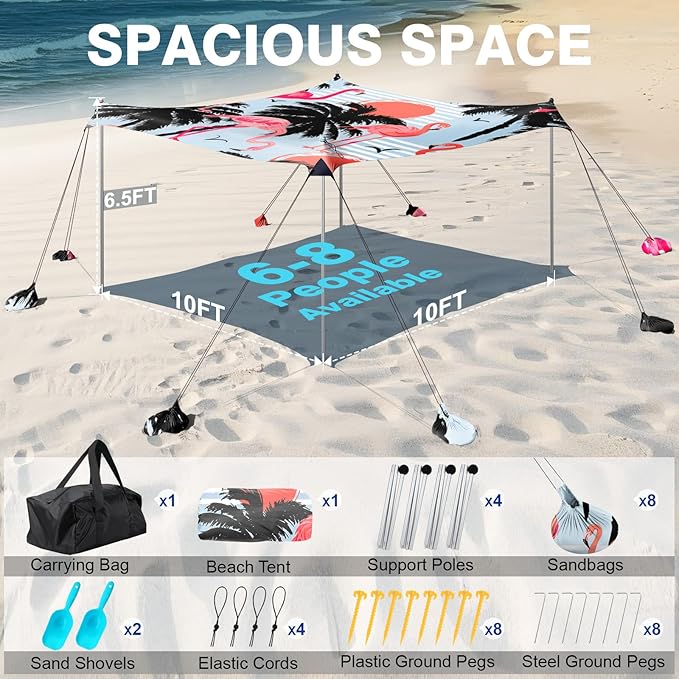 Rhino Valley Beach Tent Shade Canopy UPF50+ Protection, 8 Sandbags, 4 Stability Poles, Outdoor Sun Shelter Umbrella for Sand, Camping, Fishing Essentials