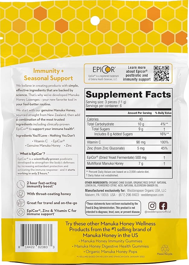 Wedderspoon Manuka Honey Immunity Lozenges, Lemon Ginger, 2.6 Oz (Pack of 1), Genuine New Zealand Honey, Boost Immunity Within Two Hours