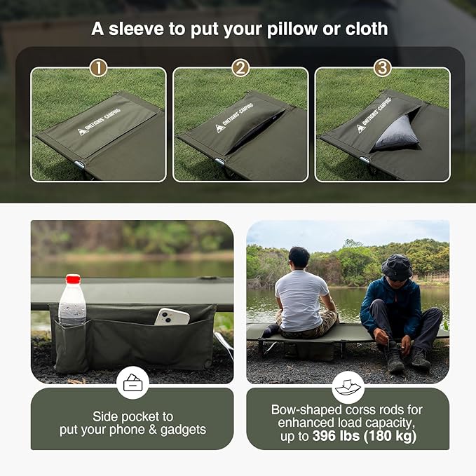 ONETIGRIS SUPRAGRIS Camping Cot, Support Up to 400lbs, Lightweight Comfortable Folding Bed for Camping, Hiking, Backpacking, Travel, Car Trips, Office Nap (Ranger Green)