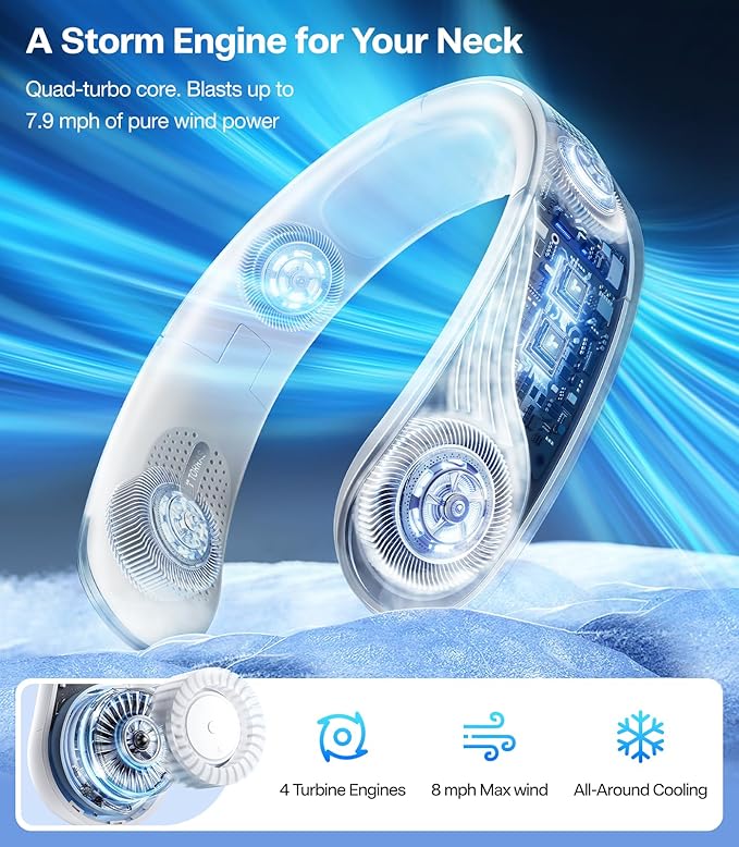 TORRAS COOLiTE Neck Fan, Industry’s Strongest Wind Power, Portable Neck Fan with 14H Battery, 360° Cooling Neck Fan, Lightweight & Foldable Neck Fans for Outdoor, Travel, Gifts for Dad, Women, Blue