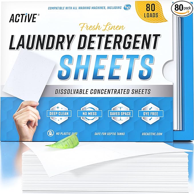 Laundry Detergent Sheets Eco Washing Strips - 80 Loads, Liquidless Fresh Scented Clothes Washer Sheet, Zero Waste Travel Laundry Strip, Dissolvable Space Saving Sheets for HE - Linen Scent