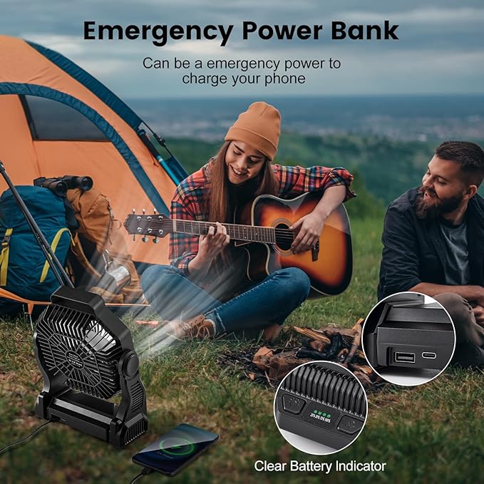Odoland Rechargeable Camping Fan, 20000mAh Battery Fans with LED Lantern for Tent Car Beach Storm, Portable Ventilador Recargable Light Desk Fan for Picnic Power Outage Hurricane, Black