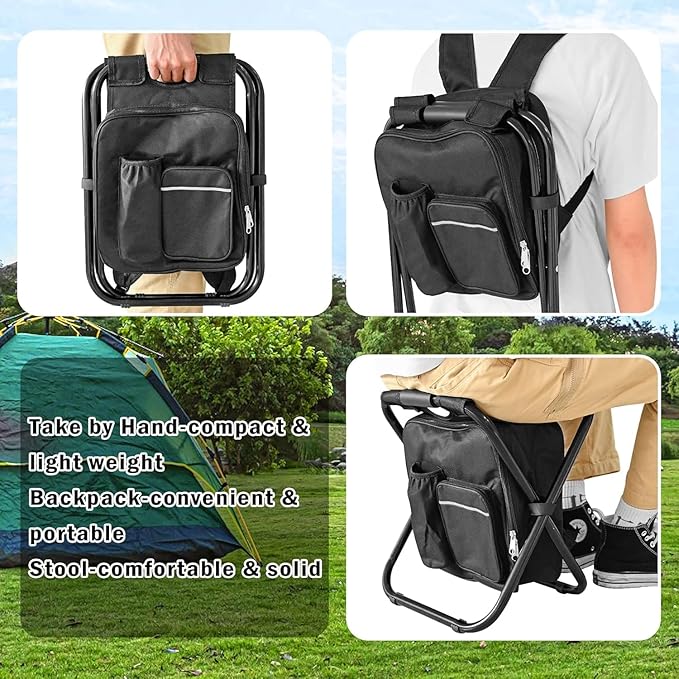 Kikerike Backpack Stool Cooler Chair Heavy Duty 400 LBS Max Load Portable Lightweight Folding Fishing Cooler for Camping Hunting Fishing - Black