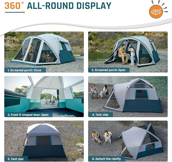 Tents for Camping 6/8/10 Person Camping Tent with Screen Porch, Weatherproof Large Cabin Tent with Rainfly and Carry Bag, Family Tent for Outdoor Camping and Backyard