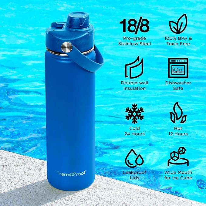 ThermoProof Double-Walled Vacuum Insulated Stainless Steel Water Bottle - Wide Mouth with Chug & Spout Lids, Dishwasher Safe, Reusable, Leakproof, Hot & Cold for Men, Women & Kids - 22 oz, Blue