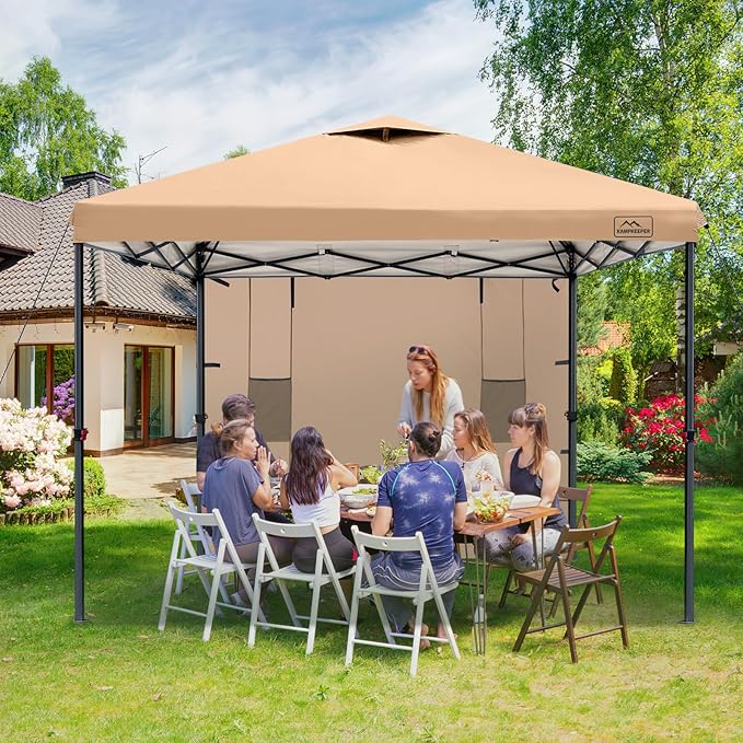 KAMPKEEPER 10x10 Pop Up Canopy Tent with Sidewall - Easy Setup Sun Shelter, Outdoor Shade with Vented Roof for Backyard | UV & Rain Portable Instant Camping Beach Canopy Tents (Khaki)