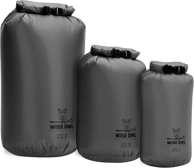 Wise Owl Outfitters Waterproof Dry Bag 3-Pack – Lightweight & Airtight 5L/10L/20L Small & Large Dry Bags for Kayaking, Beach, Travel, Boating, Hiking