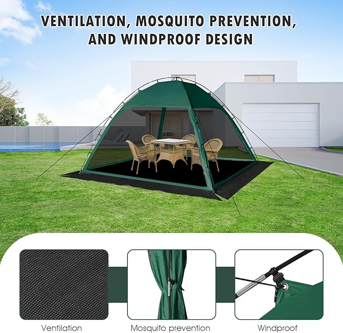 Screen Tent with Removable Floor, Siebwin Large 10'x10' Gazebos with Mosquito Netting and Removable Floor Sunproof Outdoor Canopy Tent for Backyard Party Outside Activities, Green