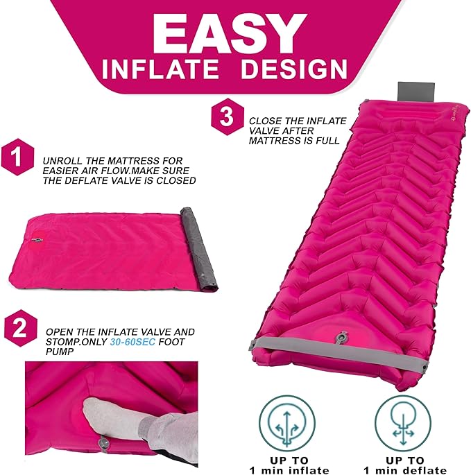 Sleeping Pad with Pillow, Self Inflating Extra-Thick, Ultralight Sleeping Mat, Built-in Pump, Ultimate for Camping, Hiking, Traveling, Airpad, Carry Bag, Compact & Lightweight Air Mattress (Purple)