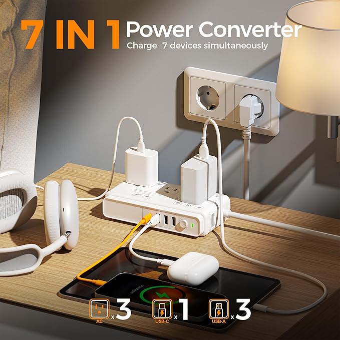 TESSAN Voltage Converter US to Europe 220 to 110, Universal Travel Adapter Voltage Converter with 4 USB Ports (1 USB C), 3 AC and EU UK AU IT in ZA Plug Power Adapter, Step Down Transformer, 4 FT