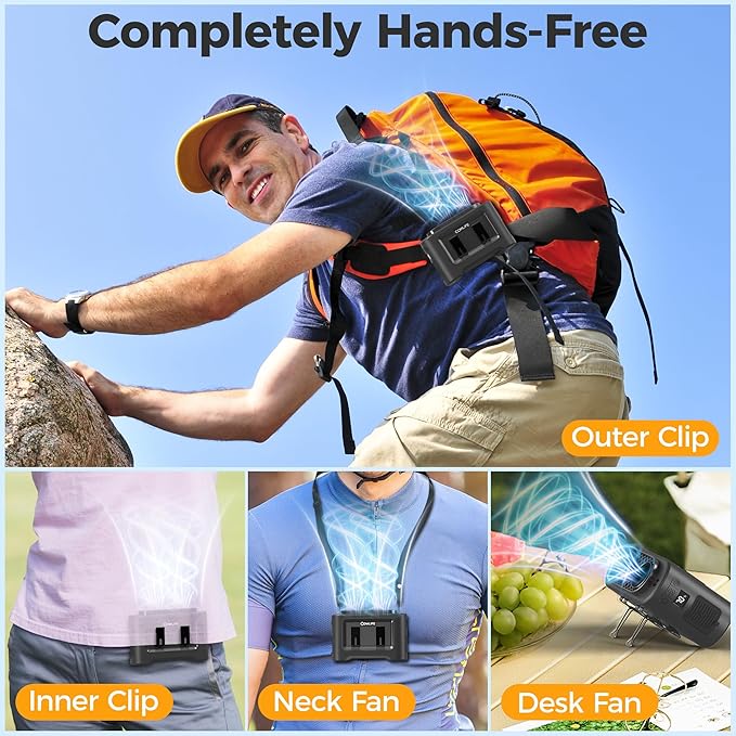 14500mAh Portable Waist Fan Clip On Belt- Rechargeable Battery Operated,Max 40H Cooling,5 Speed 14600RPM,Dual Air Vent, Hands-free Shirt Neck Fan With Light for Outdoor Jobsite Camping Traveling
