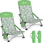 VILLEY Low Beach Chairs for Adults 2 Pack, High Back Folding Chairs, Lightweight and Portable for Outdoor, Camping, Lawn, with Cup Holder and Carry Bag - Green Tropical Leaves