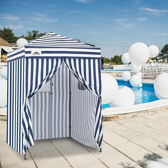 EAGLE PEAK EAGLE PEAK Flex Ultra Compact Pop-up Canopy, Sun Shelter, Changing Room, Portable Privacy Canopy Cabana, 5x5ft Canopy Tent, for Pool, Fashion Photoshoots, or Camping White/Blue