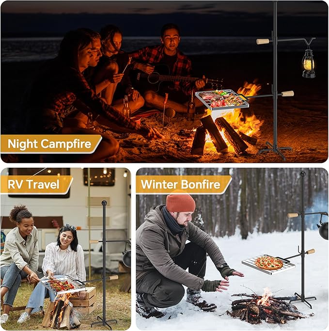 Mr IRONSTONE Campfire Grill Grate: Fire Pit Grill Grate with Swivel Handle, Campfire Cooking Equipment with Heavy Duty Steel, Over Fire Camp Grill For Outdoor Barbecue Camping and Cooking, Black