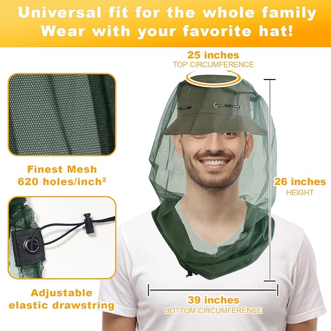 South to East Premium Mosquito Head Net for Insect, 2 Pack, Fly & Bug Protection | Ultra Large & Long, Extra Fine Holes for Camping, Hiking, Fishing, Gardening, Safari, Fits All Hats, Green