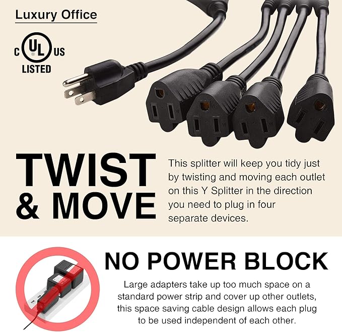 Luxury Office 4 Way Power Splitter - 1 to 4 Outlet Splitter, 6' Long Extension Cord, 3 Prong Plug, Black, SJT 16 AWG
