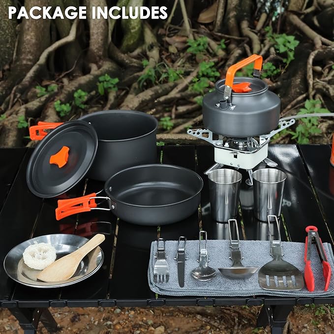 20Pcs Camping Cookware Mess Kit, Non-Stick Lightweight Camping Pots and Pans with 1.1L Kettle, 2 Set Stainless Steel Cups Plates Forks Knives Spoons for Backpacking, Hiking, Outdoor Cooking