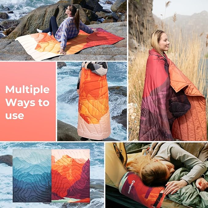 KingCamp Ultralight Camping Blanket, Packable Down Alternative Puffy Printed Wearable Blanket with Snap Buttons & Corner Loops Weatherproof Quilt for Outdoor Travel Stadium (79"L x 57"W, ORANGE)