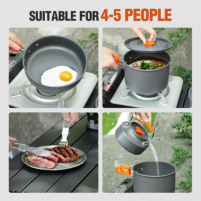REDCAMP 6/10/11/12/14/15/19 PCS Camping Cookware Mess Kit Camping Gear Campfire Utensils Lightweight Stackable Pot Pan Bowls Soup Spoon with Storage Bag for Camping, Backpacking, Outdoor Cooking