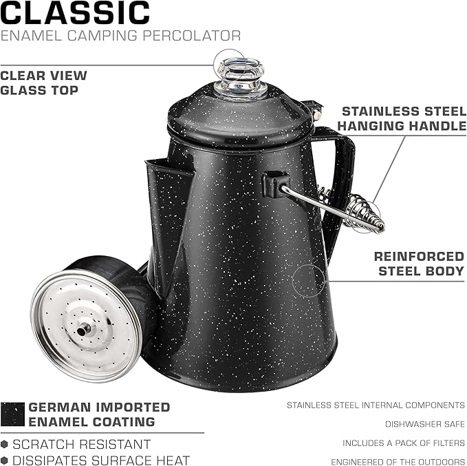 COLETTI Classic Percolator Coffee Pot — Coffee Percolator, Camping Kettle – The Original Camping Coffee Pot, Now Modernized – For Campsite Brewmasters Everywhere [Black Enamel, 12 Cup]