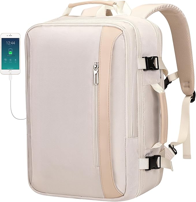 PIJUSHI Travel Backpack for Women Expandable Carry on Luggage Backpack Airline Approved Personal Item Laptop Bag(PE034 Beige)