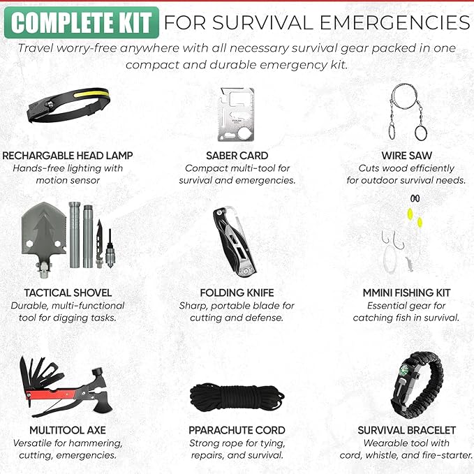 Survival Kit - All-in-One Survival Gear and Supplies for Camping, Hiking, Hunting, and Car Emergencies - Essential Tools, Great Gift for Men, Fathers, Boyfriends, Boys, Dads and Scouts