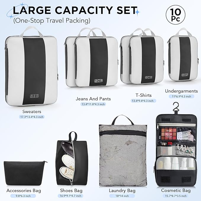 10 Set Compression Packing Cubes for Travel Essentials,Compressible Expandable Packing Cubes for Suitcase,OlarHike Luggage Organizer Bags for Travel,Handy Helper for Organizing Clothes(Black)