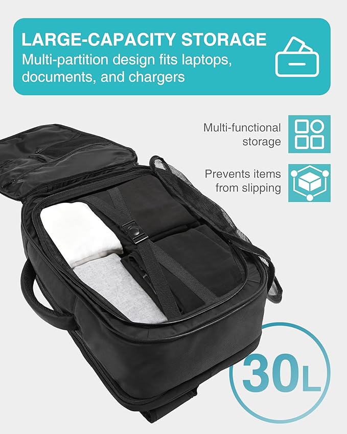 TSA-Friendly Travel Backpack with Laptop Compartment, 30L Carry-On Backpack for Men & Women, 180° Lay-Flat Design, Waterproof & Durable 1000D Oxford, Fits 15.6" Laptop