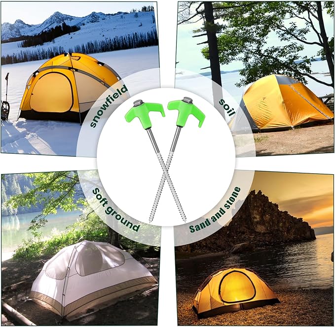 12 Pack 8" Screw in Tent Stakes Heavy Duty- Ground Anchors Screw- Tent Pegs Camping Stakes- Hex Pegs Drillable Tent Stakes and Hexagon Head Drive and Storage Box(Green)