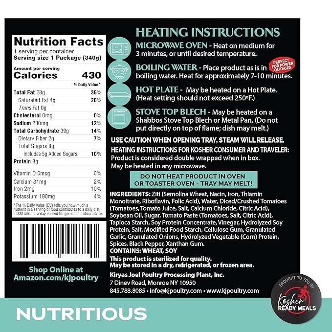 KJ Poultry Kosher Parve Ready Meals - Baked Ziti, MRE Meals Ready to Eat, Halal, (12 Pack) Prepared Entree Fully Cooked, Shelf Stable Microwave Dinner Travel, Military, Camping, Emergency Survival