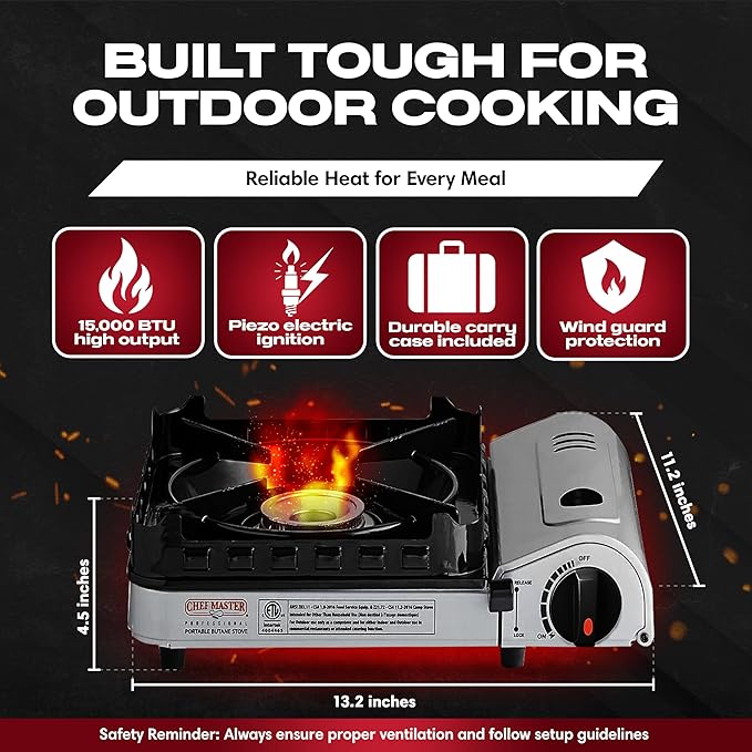 Chef Master 15,000 BTU Butane Portable Camp Stove | Double Wind-Guard Portable Stove Burner w/Piezo Click Ignition for Emergencies, Tailgating, Hiking, Backpacking & Camping Essentials - 90019