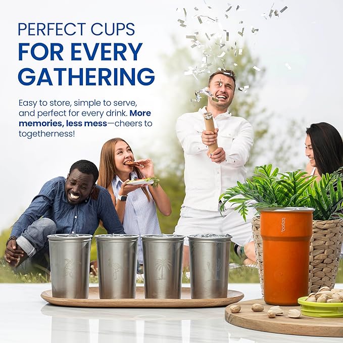 bzyoo Nesting Stainless Steel Camping Cup Set with Hook – 5-in-1 Stackable Durable 9oz Campstack Cup Set for Hiking, Backpacking & Outdoor Adventures (Orange)