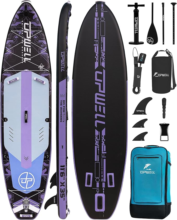 UPWELL 11'6"×35" Extra Wide Inflatable Paddle Board, Stand Up Paddle Board for Youth & Adults, Stable Design, Premium SUP Accessories, 120L Backpack, 10L Dry Bag, Paddle, Leash, Hand Pump, US Fins