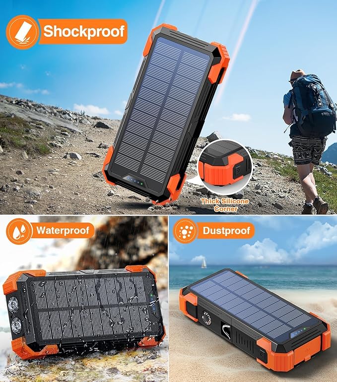 Solar Charger Power Bank, 42800mAh Wireless Portable Charger with USB-C in/Output, QC3.0 Fast Charging 15W 4 Ports Outdoor Battery Pack Built-in LED Flashlight, for iPhone, Galaxy, iPad etc