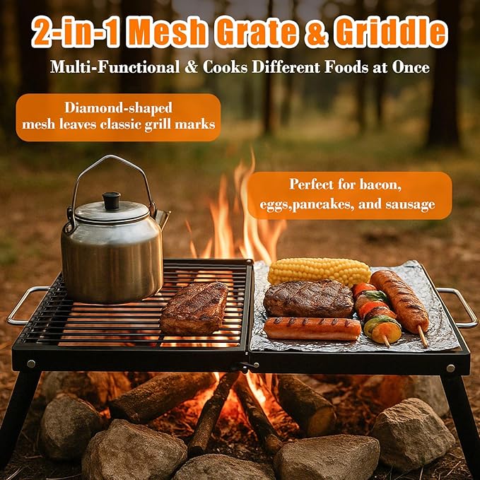 Folding Campfire Grill,Enameled Coating Grate, Heavy Duty Camp Grill Grate, Portable Camping Grates Over Fire Pit, Campfire Grill Cooking Equipment with Carrying Bag for Outdoor Cooking